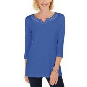NWT Karen Scott Embellished Studded Split Neck Top
